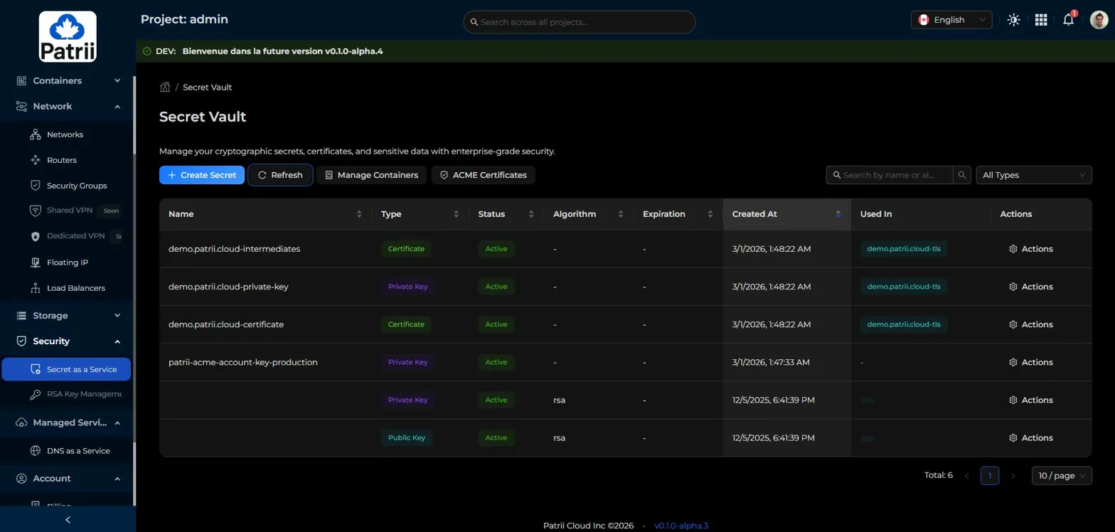 Secret Vault showing generated certificate secrets alongside existing secrets