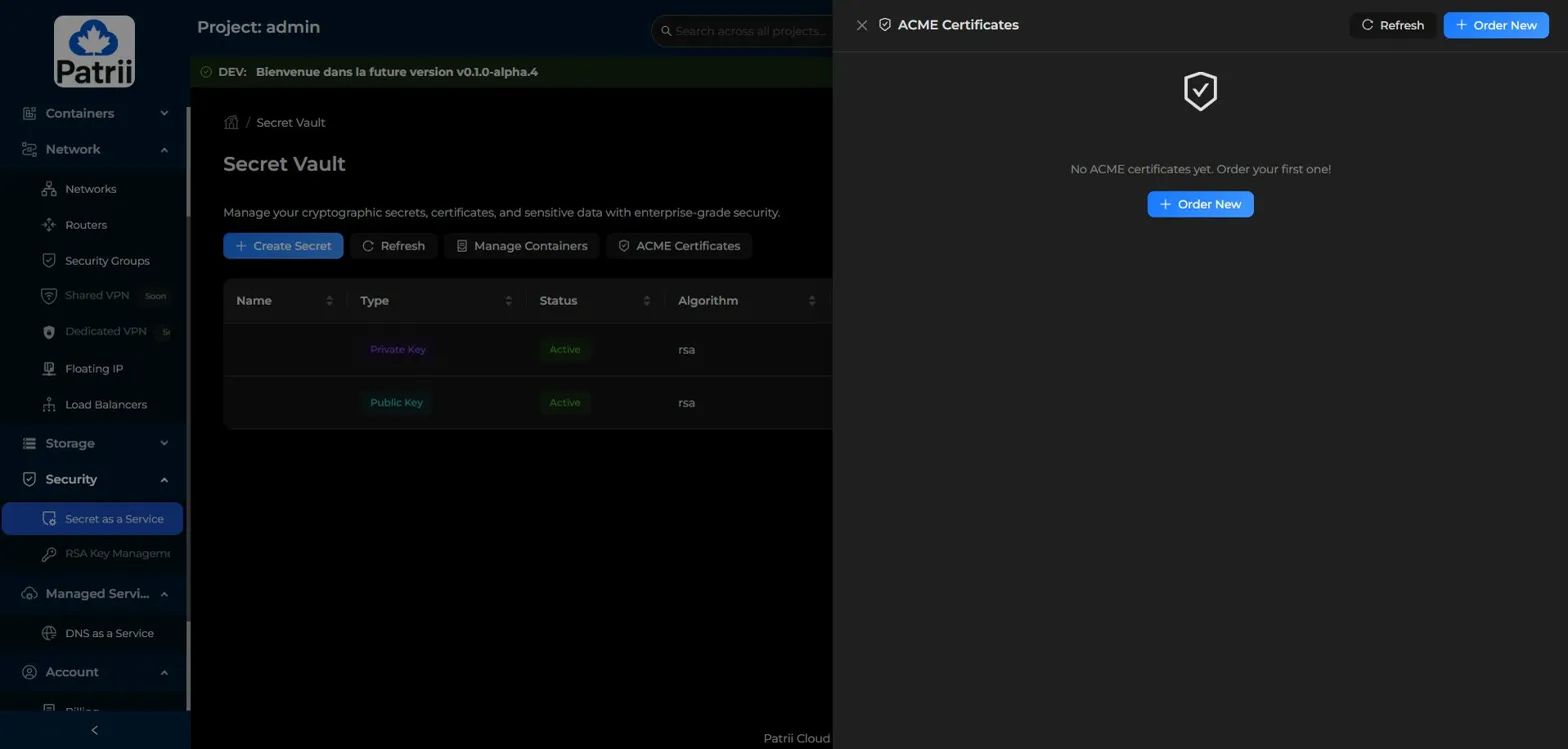 ACME Certificates panel showing empty state with Order New button