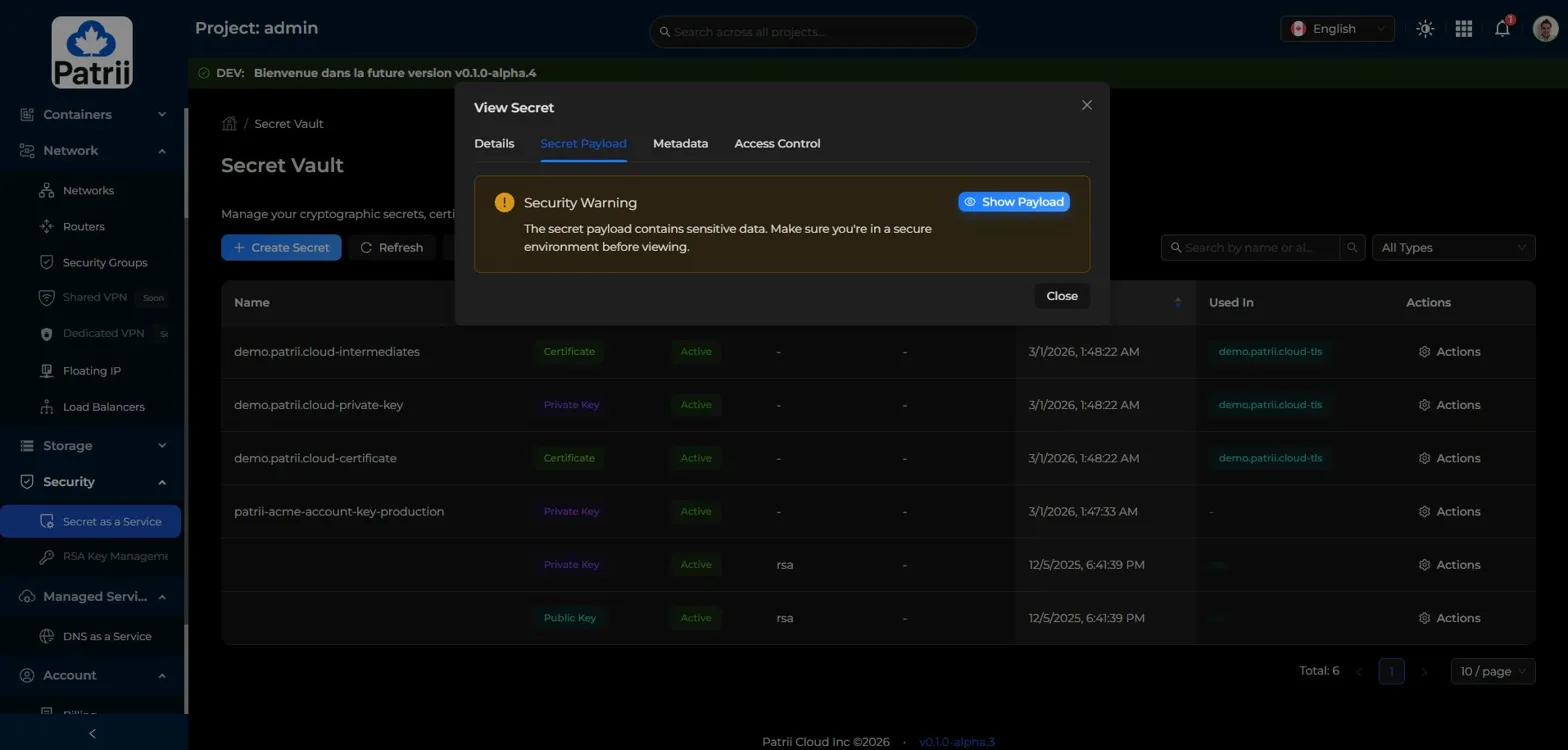 Secret Payload tab showing security warning before revealing content