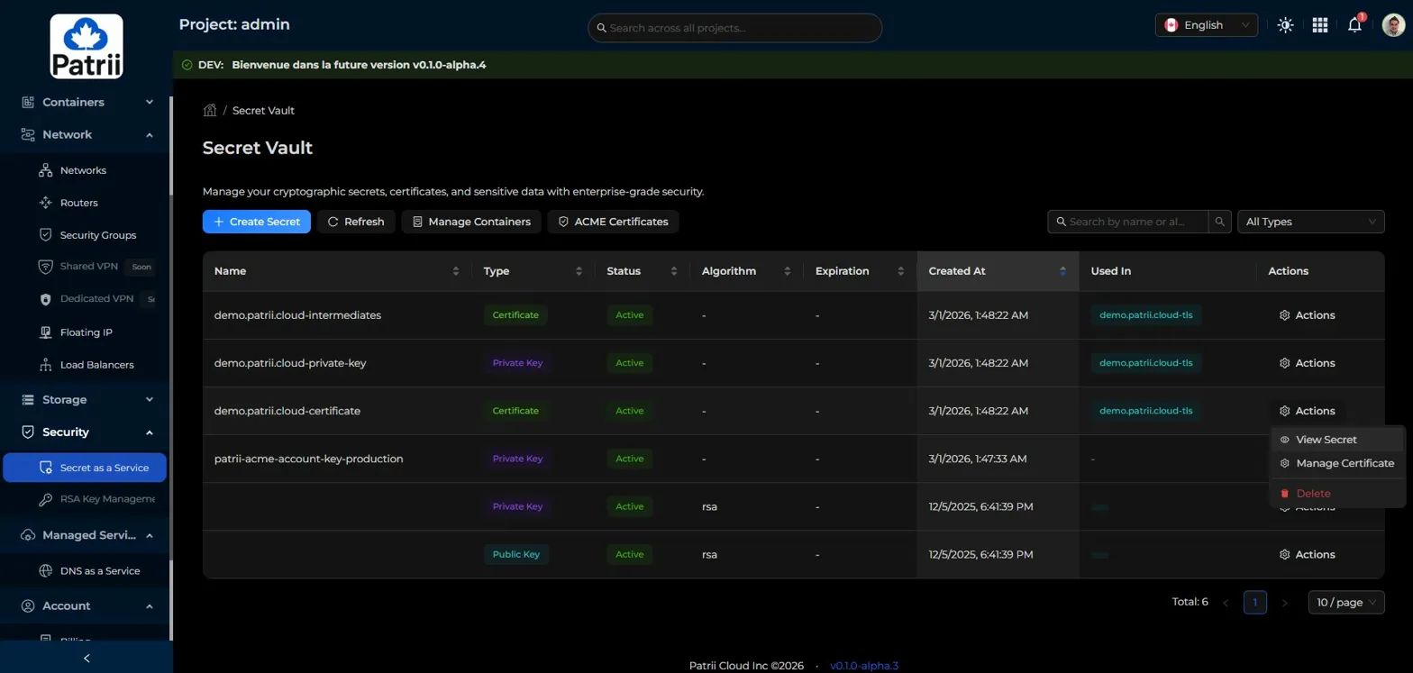 Secret Actions dropdown showing View Secret, Manage Certificate, and Delete options