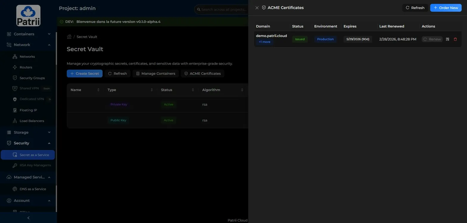ACME Certificates panel showing an issued certificate with status, expiration, and renewal info
